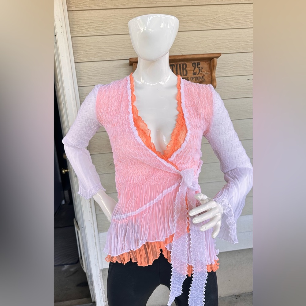 Cache White and Orange Asymmetrical Wrap Blouse